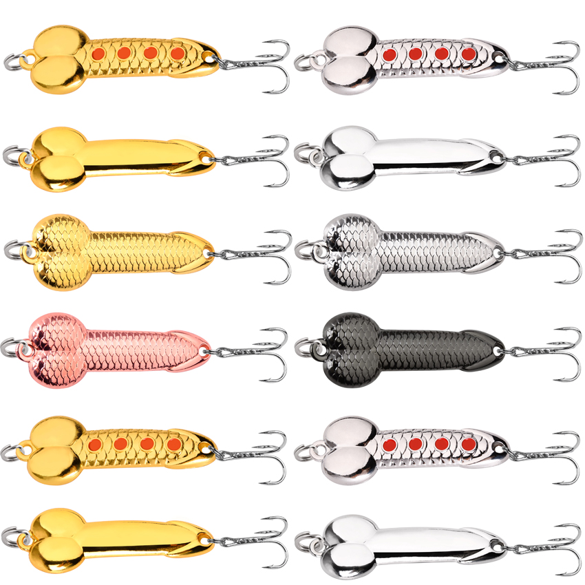 Fishing Lure Spoon - 12 ชิ้นช้อนเหยื่อตกปลาชุดโลหะ Dick อวัยวะเพศชายรูปร่างเหยื่อ Crankbait Hook